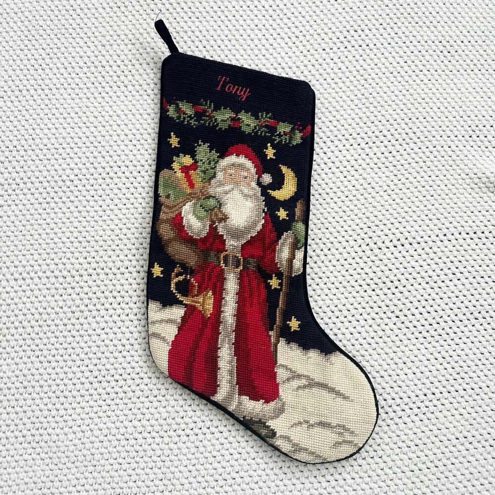 Lands End Vintage Needlepoint Wool Cotton Santa Navy Blue Velvet Stocking Tony